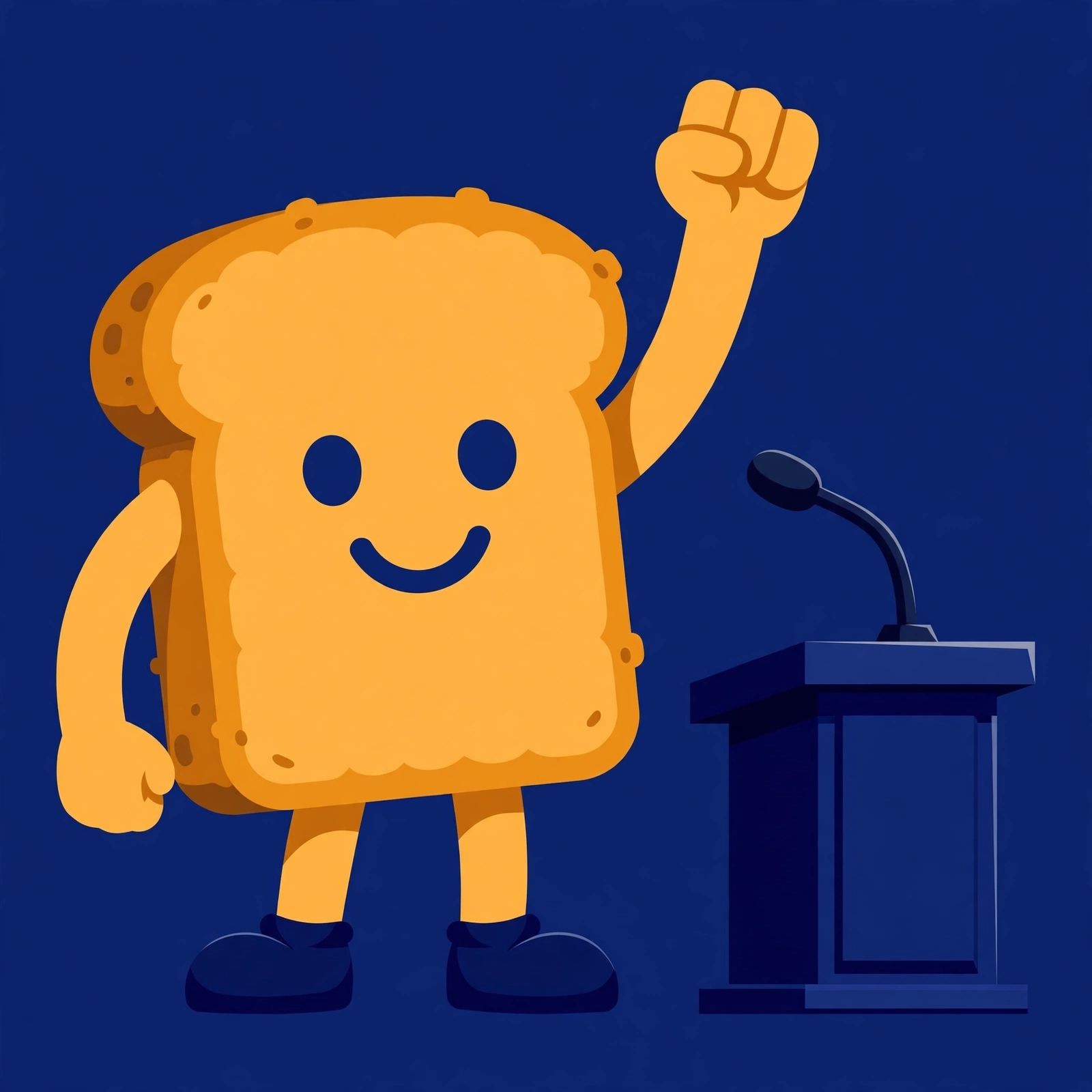 The Meridian Toast mascot: a cheerful slice of toast with a fist raised, standing beside a podium
